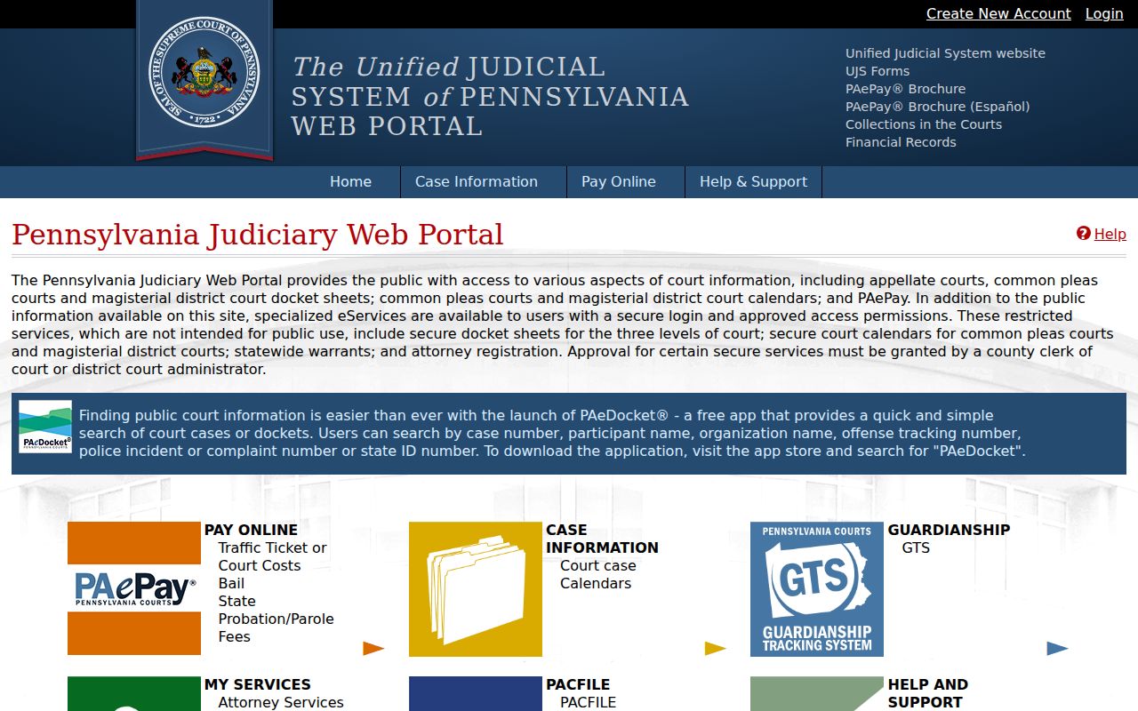 Manor Township residents directory source showing Pennsylvania UJS court portal