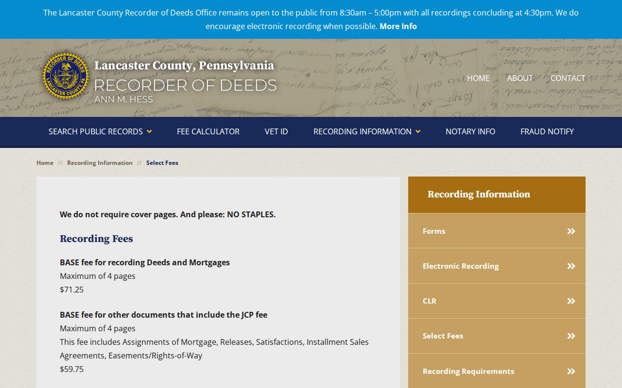 Manor Township previous residents Lancaster Recorder document fee and copy access page