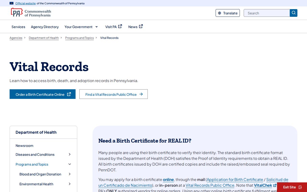 Manor Township resident lookup Pennsylvania Vital Records access page