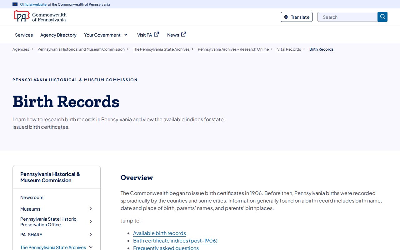 Manor Township resident lookup Pennsylvania State Archives historical birth records