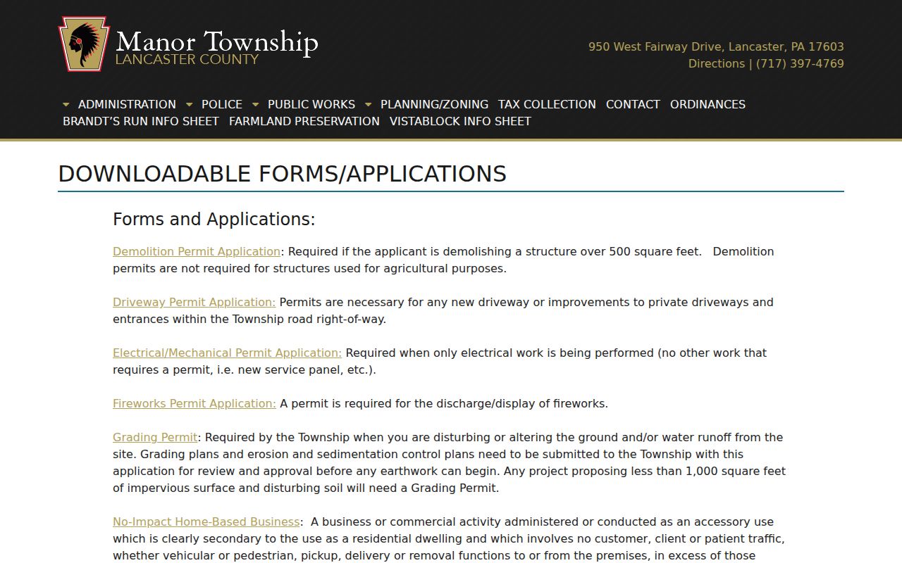 Manor Township street directory source for Township permits and planning forms