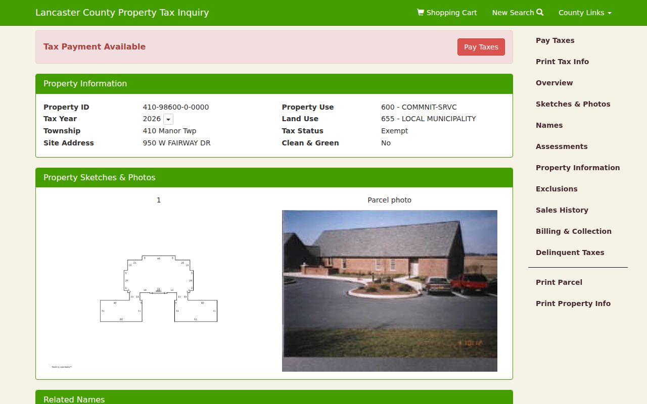 Manor Township ZIP code directory wEdge parcel card with site-address context
